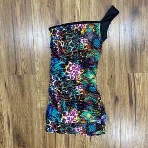 90s style colourful one shoulder dress